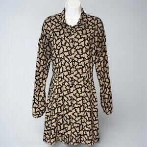 Reformed Shirtdress Medium Roll Tab Sleeves Button Front Pockets Black Tan Geo